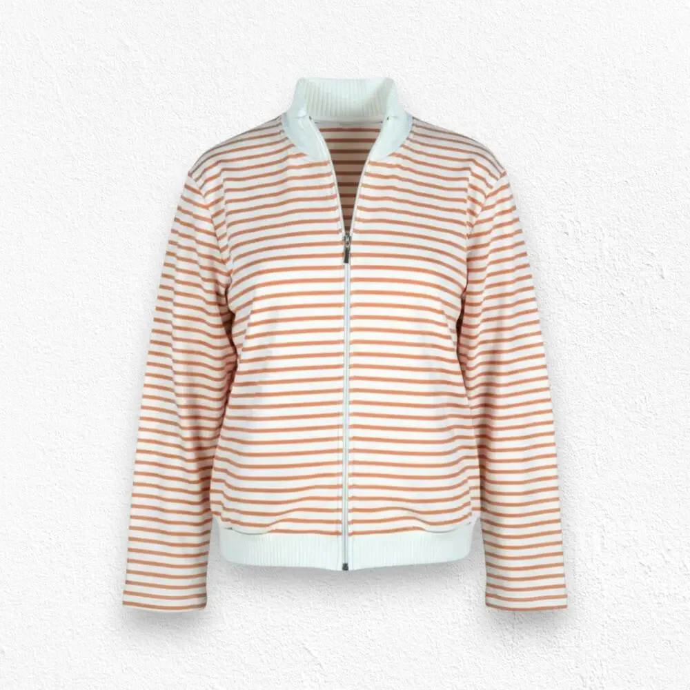 90s Vintage Talbots White Peach Orange Stripe Full Zip Mock Neck Sweater Size 1X